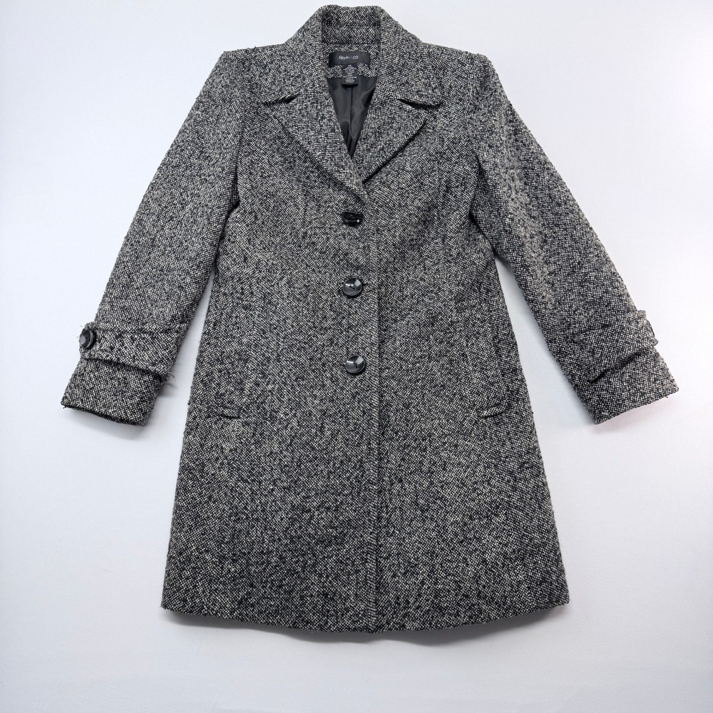 Style & Co Petite Black White Tweed Wool Blend Button Front Overcoat PS